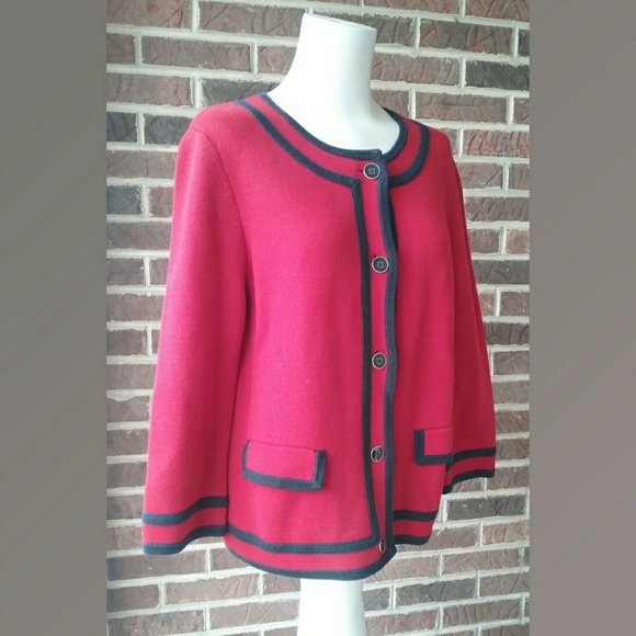 Talbots Cardigan Sweater Red and Navy Button Up - Picture 1 of 5